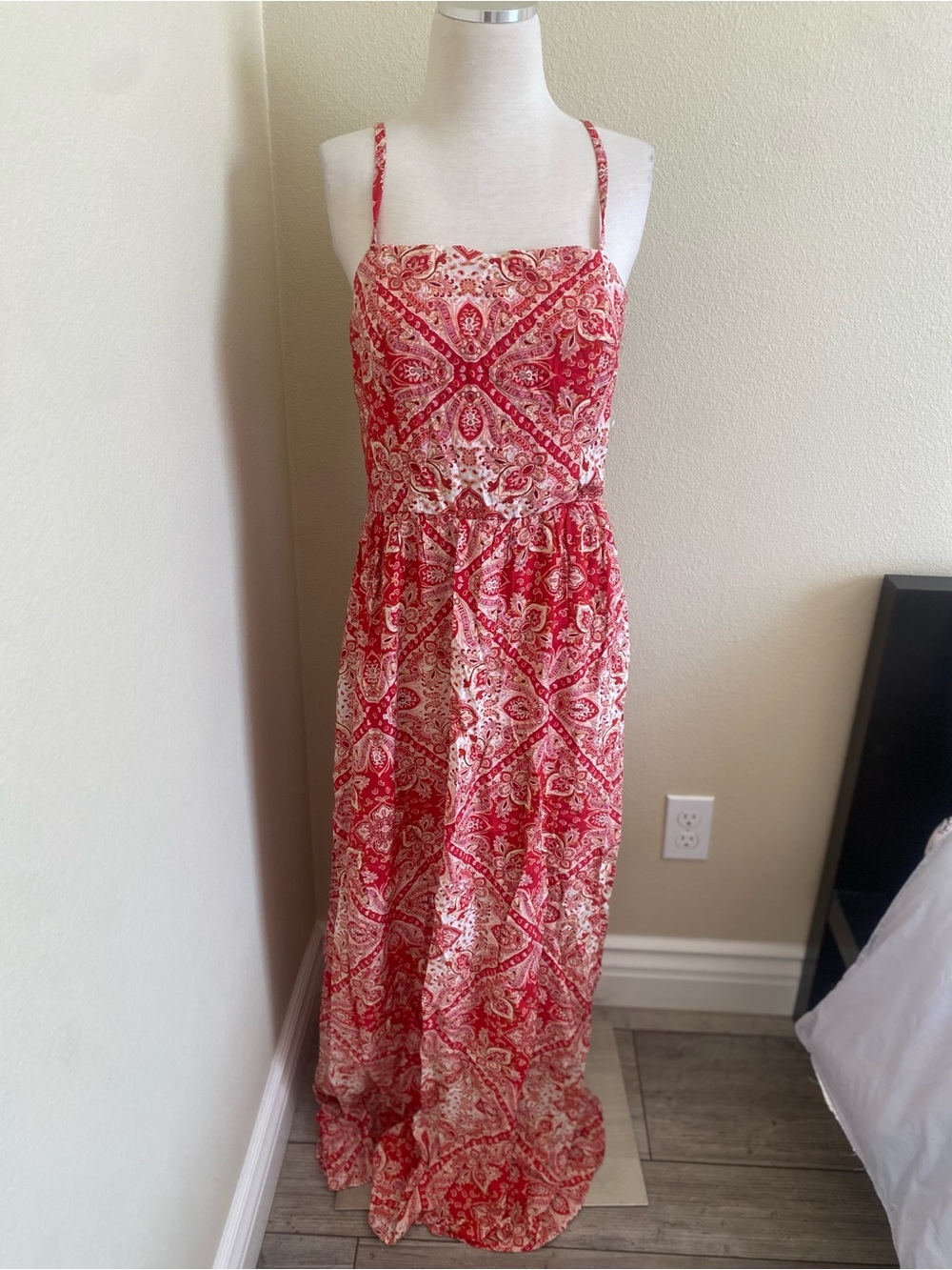 As U Wish Red and Ivory Printed Spaghetti-Strap Maxi Dress